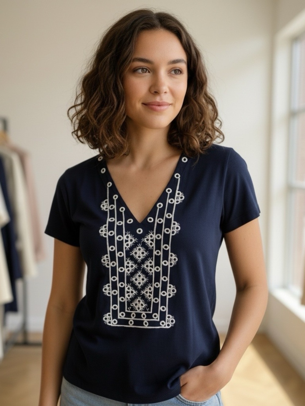 J Crew navy blue white embroidered TShirt Size XXS cotton oversized V neckline